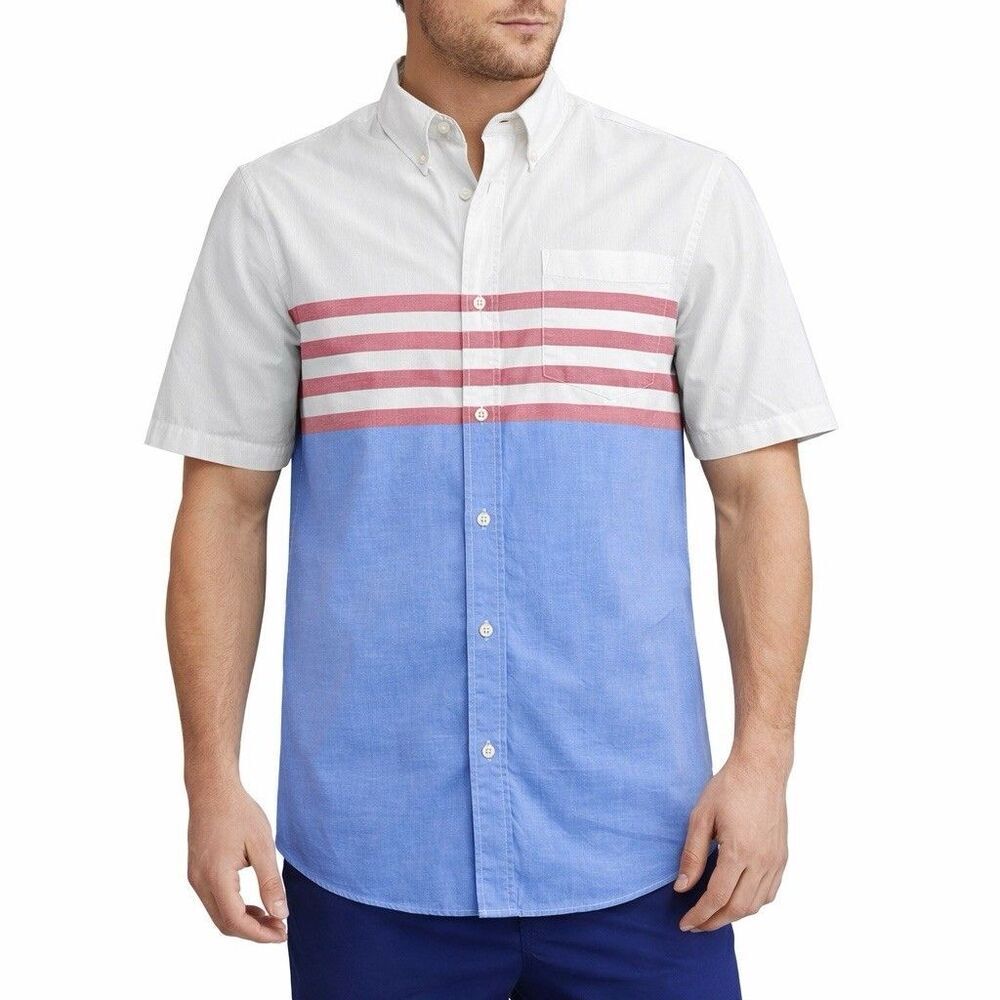 Chaps Mens XL Button Down Shirt Blue White Red Striped Colorblock Short Sleeve